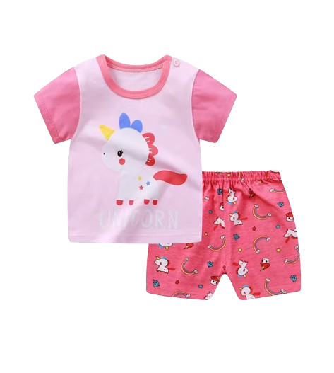 The Zayne - Baby Girl Pink Unicorn Cartoon Print T-shirt + Loose Shorts