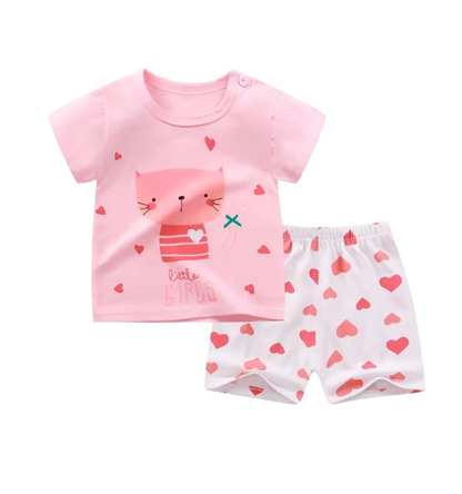 The Zayne - Baby Girl Pink Cat Little Girl Cartoon Print T-shirt + Loose Shorts