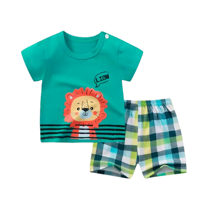 The Zayne - Baby Boy Orange Red Lion Cartoon Print T-shirt + Loose Shorts
