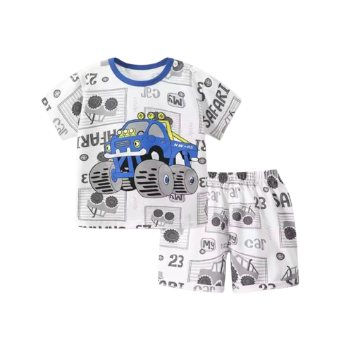 The Zayne - Baby Boy Blue Tractor Safari Cartoon Print T-shirt + Loose Shorts