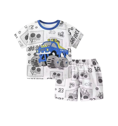 The Zayne - Baby Boy Blue Tractor Safari Cartoon Print T-shirt + Loose Shorts