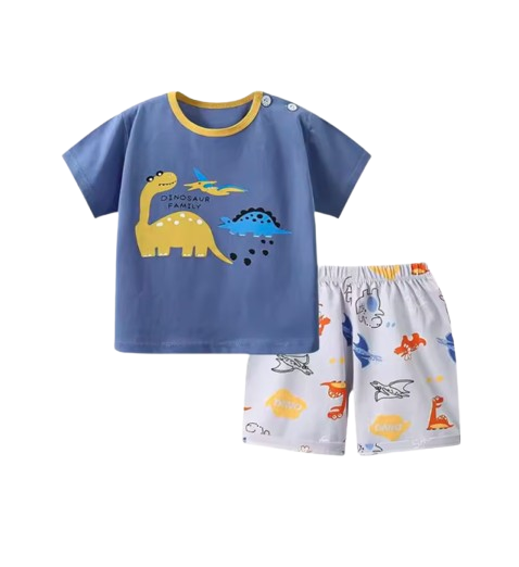 The Zayne - Baby Boy  Dino Family Cartoon Print T-shirt + Loose Shorts