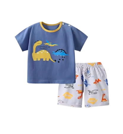 The Zayne - Baby Boy  Dino Family Cartoon Print T-shirt + Loose Shorts