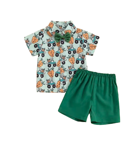 The Nasir - Baby Boy Cute Rabbit And Carrot Pattern Shirt Set With A Bow Decoration On The Collar