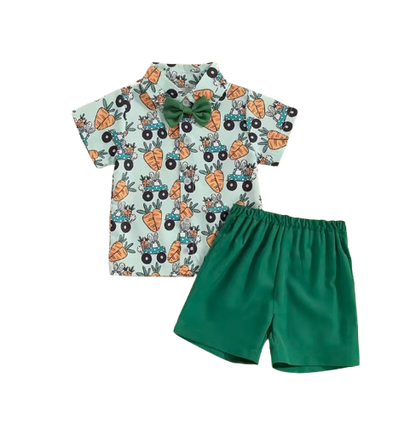 The Nasir - Baby Boy Cute Rabbit And Carrot Pattern Shirt Set With A Bow Decoration On The Collar