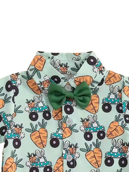 The Nasir - Baby Boy Cute Rabbit And Carrot Pattern Shirt Set With A Bow Decoration On The Collar