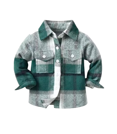 The Francis - Baby Boy Light Gray & Green Plaid Long Sleeved Shirt Button Casual Tops