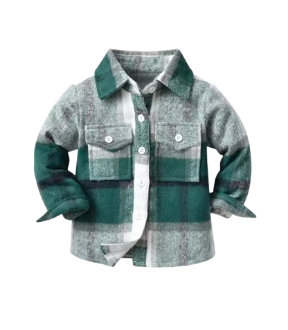 The Francis - Baby Boy Light Gray & Green Plaid Long Sleeved Shirt Button Casual Tops