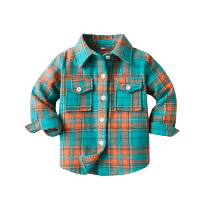 The Francis - Baby Boy Light Green & Orange Plaid Long Sleeved Shirt Button Casual Tops