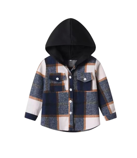 The Francis - Baby Boy Black & Orange Hooded Plaid Long Sleeved Shirt Button Casual Tops
