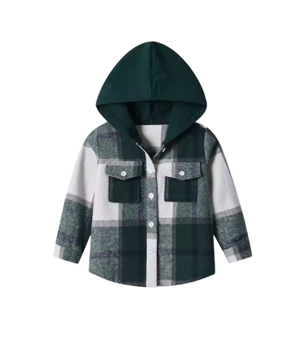 The Francis - Baby Boy Dark GReen Hooded Plaid Long Sleeved Shirt Button Casual Tops