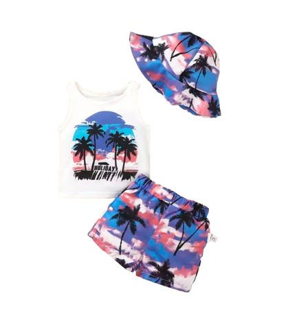 The Camden - Baby Boy Coconut Print Sleeveless Vest + Dyed Hat + Shorts