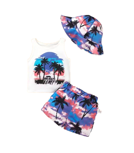 The Camden - Baby Boy Coconut Print Sleeveless Vest + Dyed Hat + Shorts