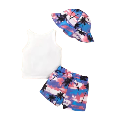 The Camden - Baby Boy Coconut Print Sleeveless Vest + Dyed Hat + Shorts