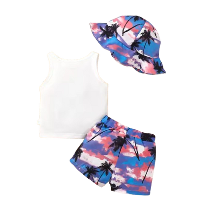 The Camden - Baby Boy Coconut Print Sleeveless Vest + Dyed Hat + Shorts