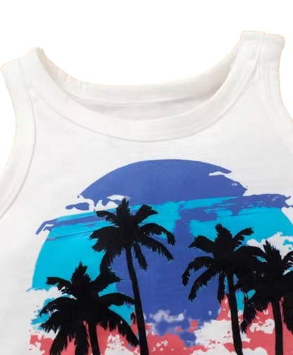 The Camden - Baby Boy Coconut Print Sleeveless Vest + Dyed Hat + Shorts