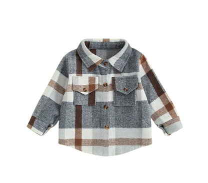 The Jalen - Baby Unisex Grey Lapel Long Sleeve Plaid Print Flannel Jacket Shirt