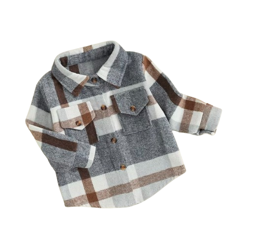 The Jalen - Baby Unisex Grey Lapel Long Sleeve Plaid Print Flannel Jacket Shirt