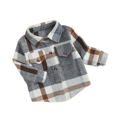 The Jalen - Baby Unisex Grey Lapel Long Sleeve Plaid Print Flannel Jacket Shirt