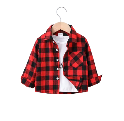 The Edgar - Baby Boy Red Black Plaid Turn-Down Collar Long Sleeve Shirt With Bear Print
