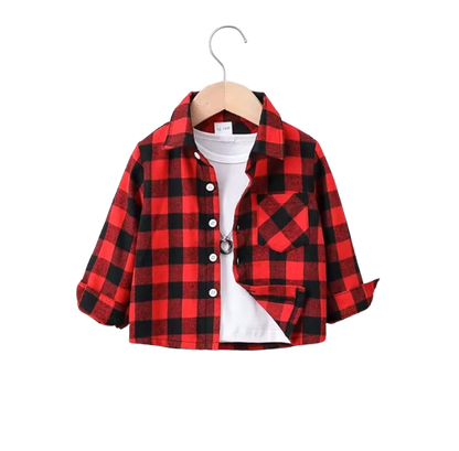 The Edgar - Baby Boy Red Black Plaid Turn-Down Collar Long Sleeve Shirt With Bear Print