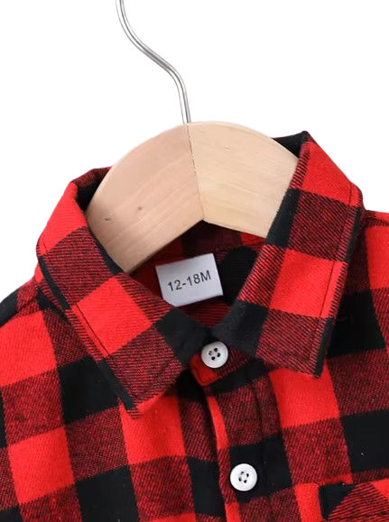 The Edgar - Baby Boy Red Black Plaid Turn-Down Collar Long Sleeve Shirt With Bear Print