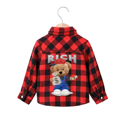 The Edgar - Baby Boy Red Black Plaid Turn-Down Collar Long Sleeve Shirt With Bear Print