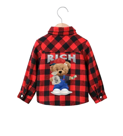 The Edgar - Baby Boy Red Black Plaid Turn-Down Collar Long Sleeve Shirt With Bear Print
