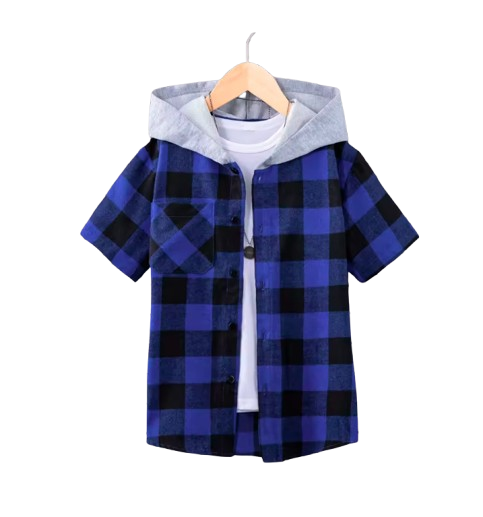 The Johnny - Baby Boy Blue Plaid Hooded Short-Sleeved Jacket Shirt