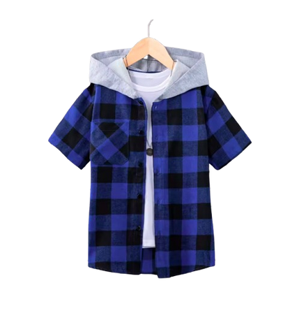 The Johnny - Baby Boy Blue Plaid Hooded Short-Sleeved Jacket Shirt