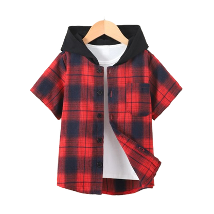 The Johnny - Baby Boy Red Plaid Hooded Short-Sleeved Jacket Shirt