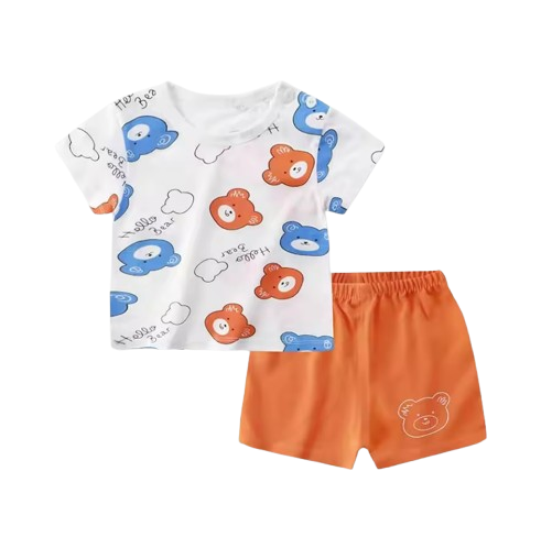 The Royce - Baby Boy Blue & Orange Bear Print Casual Short Sleeve Tracksuits Thin Loose Tops Set