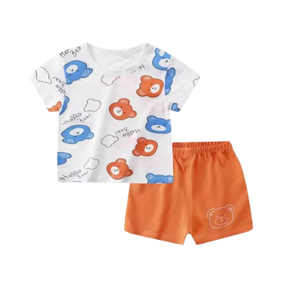 The Royce - Baby Boy Blue & Orange Bear Print Casual Short Sleeve Tracksuits Thin Loose Tops Set