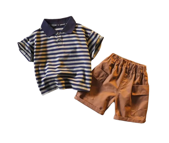 The Cillian - Baby Boy Korean Version Fashion Stripe Collar Tops and Brown Shorts