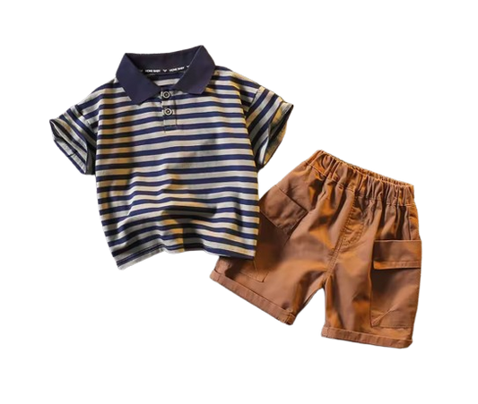 The Cillian - Baby Boy Korean Version Fashion Stripe Collar Tops and Brown Shorts