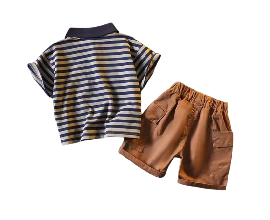 The Cillian - Baby Boy Korean Version Fashion Stripe Collar Tops and Brown Shorts
