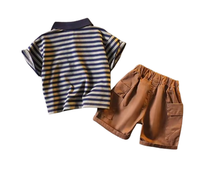 The Cillian - Baby Boy Korean Version Fashion Stripe Collar Tops and Brown Shorts