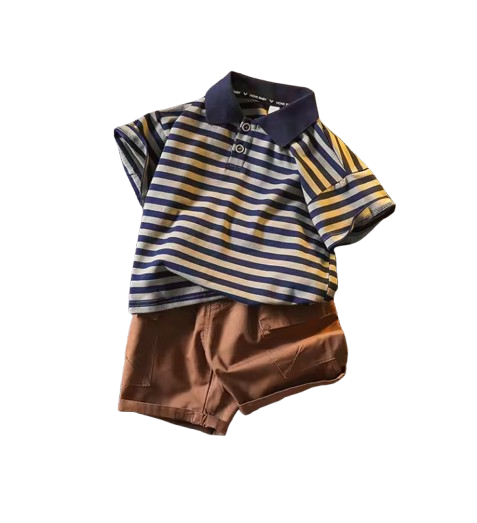 The Cillian - Baby Boy Korean Version Fashion Stripe Collar Tops and Brown Shorts