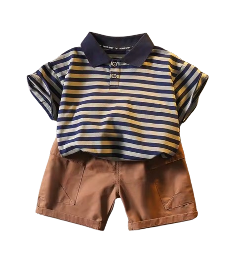 The Cillian - Baby Boy Korean Version Fashion Stripe Collar Tops and Brown Shorts