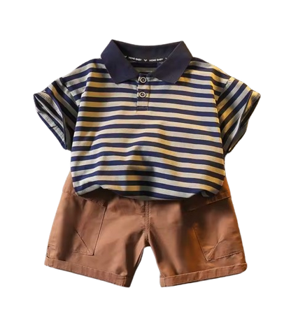 The Cillian - Baby Boy Korean Version Fashion Stripe Collar Tops and Brown Shorts