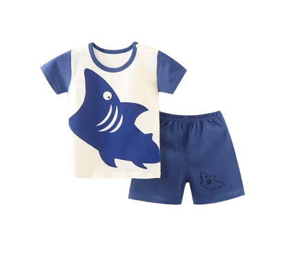 The Koda - Baby Boy Short Sleeve Blue Shark Print Tops + Shorts Two Piece Set