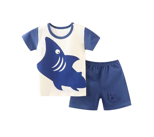 The Koda - Baby Boy Short Sleeve Blue Shark Print Tops + Shorts Two Piece Set
