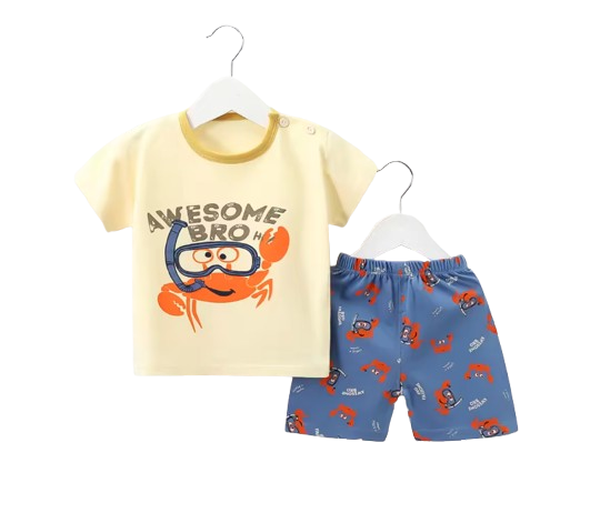 The Kyson - Baby Boy Cartoon Awesome Bro Crab Print Short-Sleeved Shorts Two-Piece Set