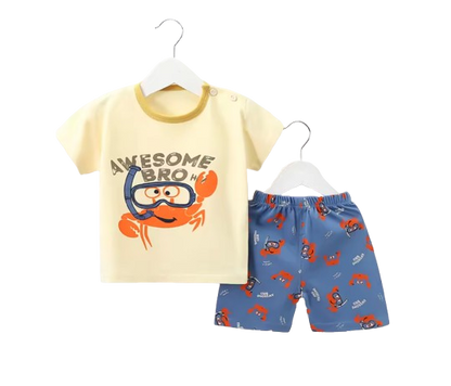 The Kyson - Baby Boy Cartoon Awesome Bro Crab Print Short-Sleeved Shorts Two-Piece Set