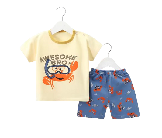 The Kyson - Baby Boy Cartoon Awesome Bro Crab Print Short-Sleeved Shorts Two-Piece Set