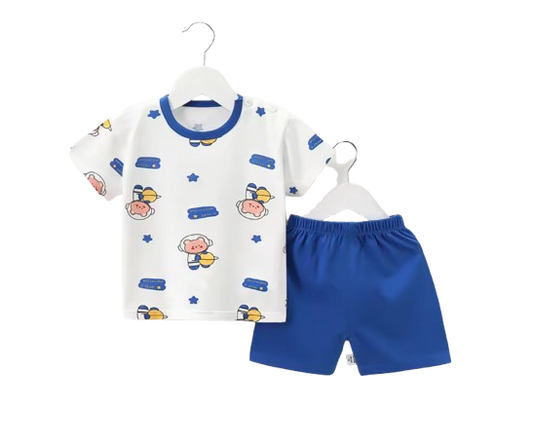 The Kyson - Baby Boy Cartoon Cute Astronaut Print Short-Sleeved Shorts Two-Piece Set