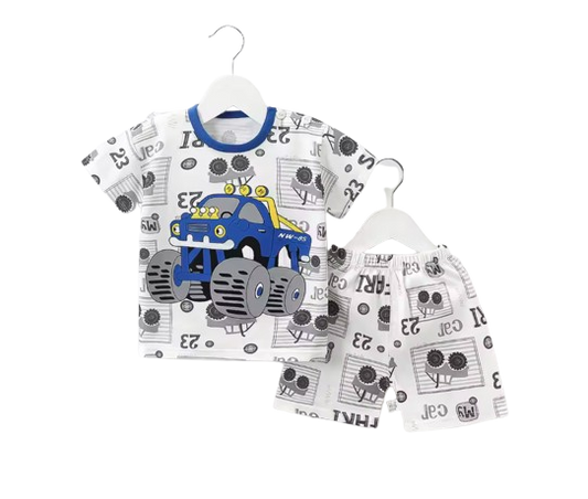 The Kyson - Baby Boy Cartoon Blue Truck Print Short-Sleeved Shorts Two-Piece Set