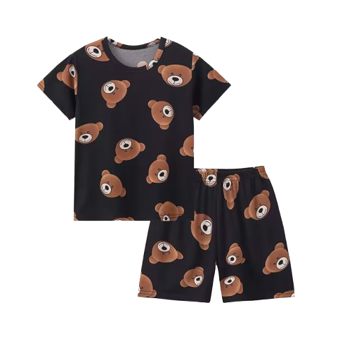 The Frank - Baby Boy Bear Print Black Round Neck Shirt + Shorts