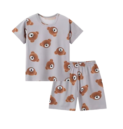 The Frank - Baby Boy Bear Print Grey Round Neck Shirt + Shorts