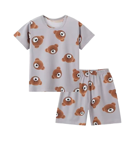 The Frank - Baby Boy Bear Print Grey Round Neck Shirt + Shorts
